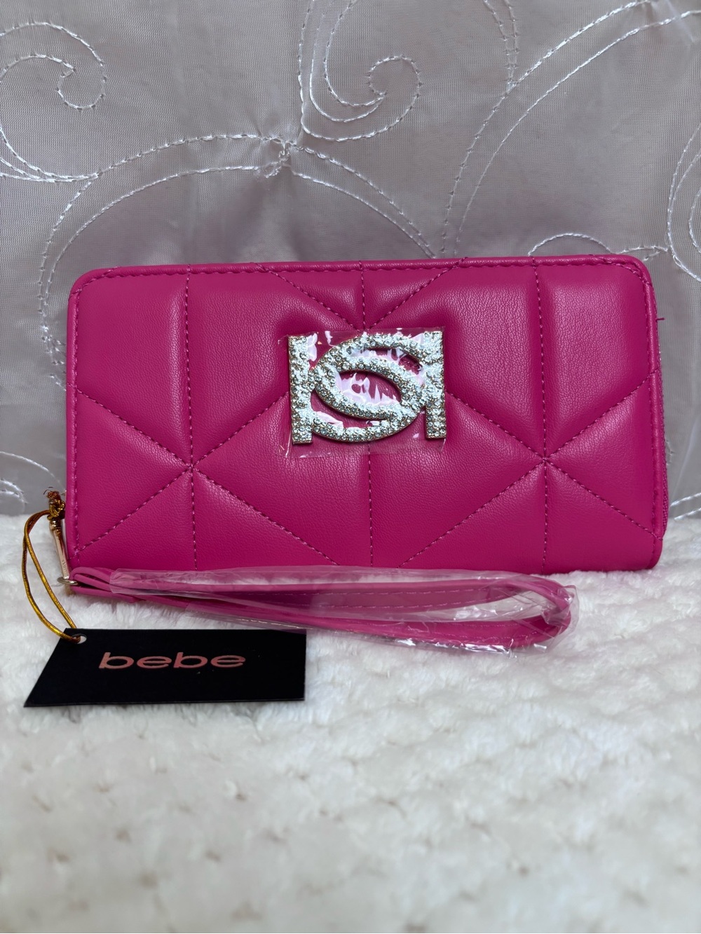bebe Quilted Hot Pink Zip Around Wristlet Wallet with Rhinestone Logo, NWT